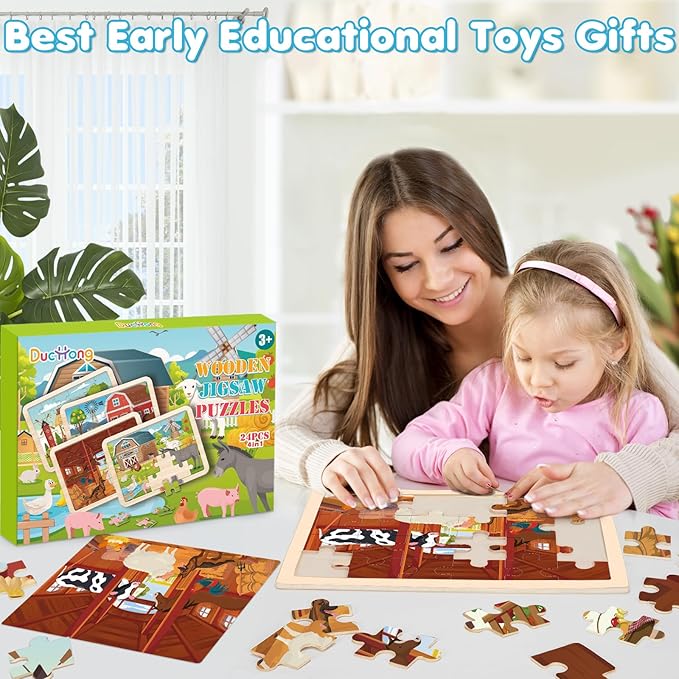 4-in-1 Farm Wooden Puzzles for Kids Ages 4-6, 24 PCS Wooden Jigsaw Puzzles for Toddlers Ages 3-5, Preschool Educational Puzzles Boards Toys Gifts for 3 4 5 6 Boys Girls
