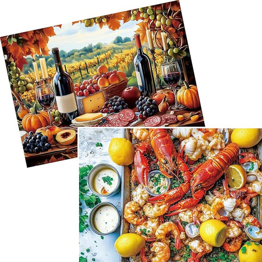 2 Pack Puzzles for Adults 500 Piece Winery & Seafood Dinner Jigsaw Puzzles for Adults, 500 Pieces Birthday Party for Family, Funny Puzzle, 20.5x15 in
