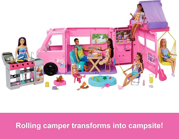 Barbie Dream Camper Playset with Roof Tent, Swing Chair, Fishing Pond, BBQ Grill with Color-Change Feature & 60+ Accessories Including Dough