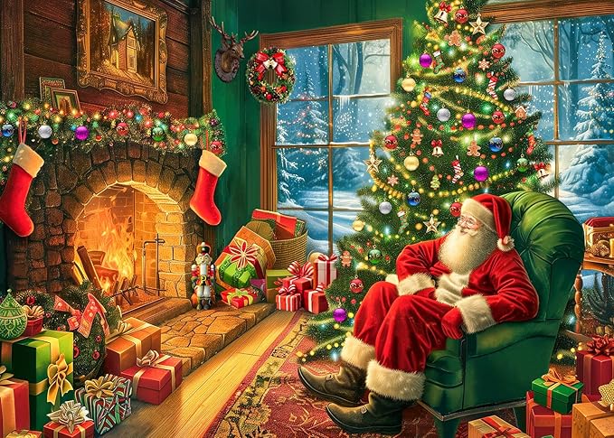 Christmas Puzzles 1000 Pieces, Festive Fireplace Puzzle Santa Claus Christmas Puzzles, Puzzles for Adults 1000 Piece Puzzle for Adults Vacation Jigsaw Puzzle Challenging Gift for Teens