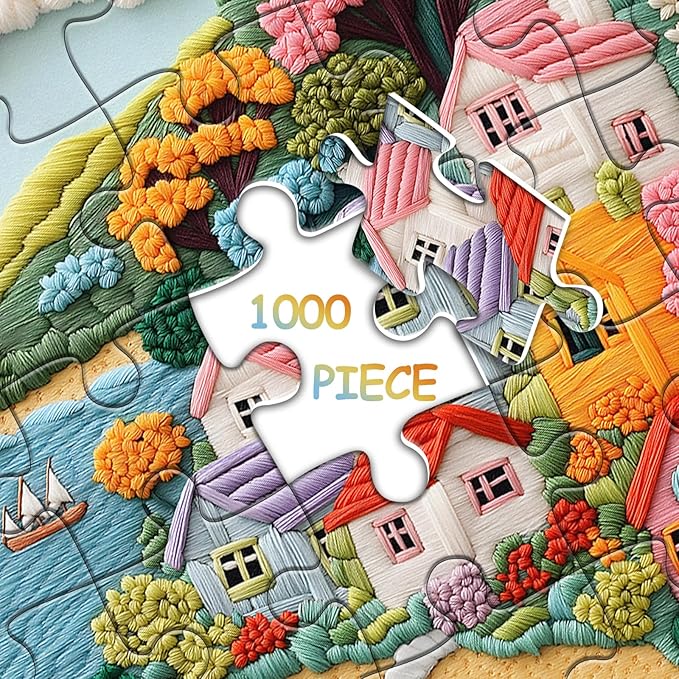 Embroidery Village Jigsaw Puzzle 1000 Pieces, Seaside House Scenery Puzzles for Adults, Beach Coastal Landscape Puzzles with Flower Tree Sailboat, Colorful Village Floral Wall Decor