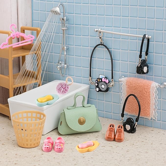 93 PCS Miniature Dollhouse Accessories Dollhouse Bathroom and Makeup Set with Towel Toothbrush Shampoo Toiletries Mini Perfume Shoes Backpack for Girl Micro Scene