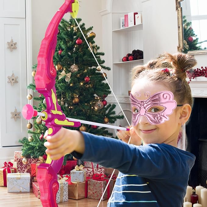 VGOFUN Kids Bow and Arrow Set: LED Light Up Archery Toy with Princess Cape and Headband, 10 Suction Cup Arrows, Outdoor Toys Gifts for 3-8 Year Old Girls (Archery Set with Butterfly Mask)