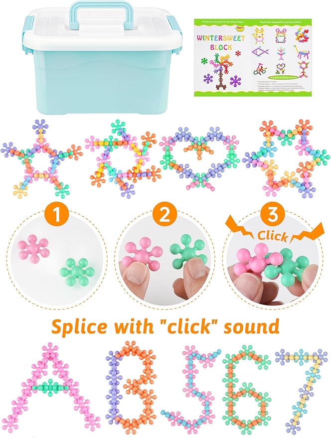 Macaron Color Interlocking Building Blocks Set – 600pcs Snowflake Shape Plastic Construction Toys in 6 Pastel Colors with Storage Box, Educational STEM Blocks for Kids Creative Play (Macaron Colors)