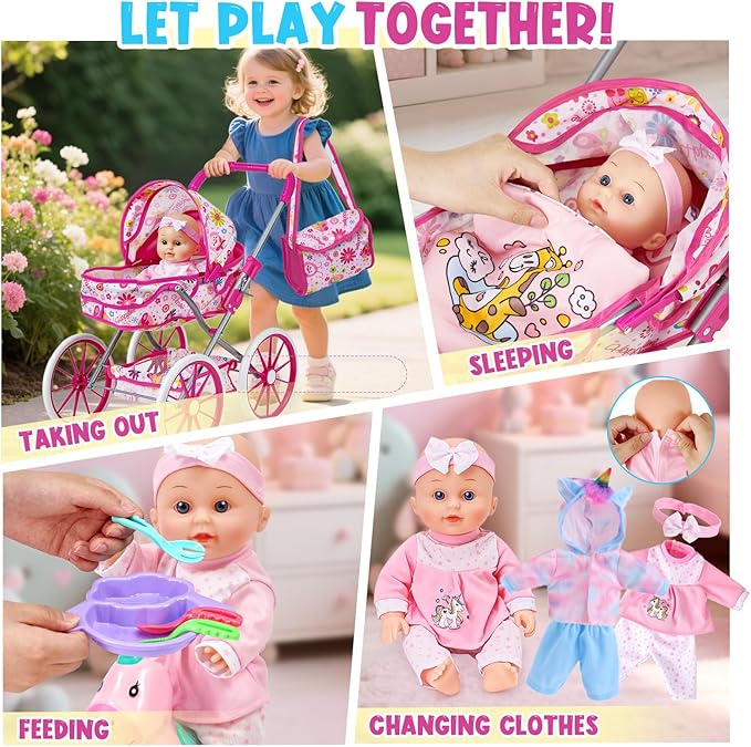 Golray 12 in Baby Doll Toys Set with Stroller for 3 4 5 6 Year Old Girl - 26pcs Babydoll with Accessories Rocking Horse/2 Clothes, Feeding Nursing Pretend Play Toddler Girl Toy Gift 3-5-7