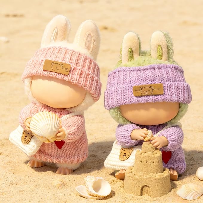 (2 Pack) Clothes for LABUBU 17cm Doll, 6-Piece Handcrafted Crochet Accessories for LABUBU, Premium Outfits for LABUBU Unique Dress up - Heart Sweater + Hat + Bag (Pink & Purple)