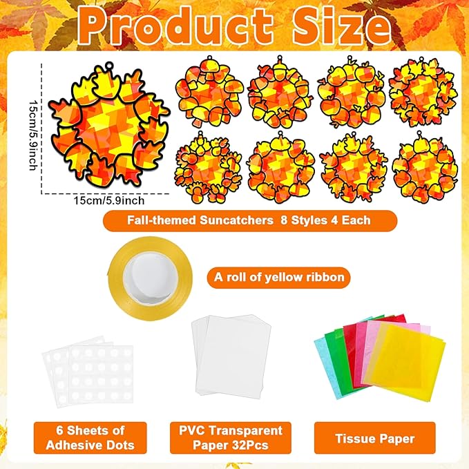 32 Sets Fall Thanksgiving Wreath Suncatchers Craft Kit DIY Window Stained Glass Effect autumn Wreath Paper Crafts Home School Classroom Decoration Kid Birthday Gift Creative Art Project Activity Game