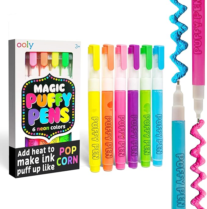 Ooly Puffy Paint Neon Gel Pens Set of 6, 3D Foam Texture Painting Magic Puffy Pen, Creative and Fun Pens for Kids Arts and Crafts Drawing Supplies