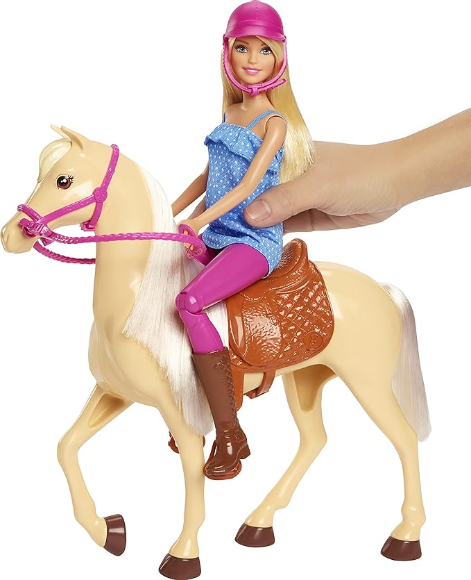 Barbie Doll, Blonde, Wearing Riding Outfit with Helmet, and Light Brown Horse with Soft White Mane and Tail, Gift for 3 to 7 Year Olds (Amazon Exclusive)
