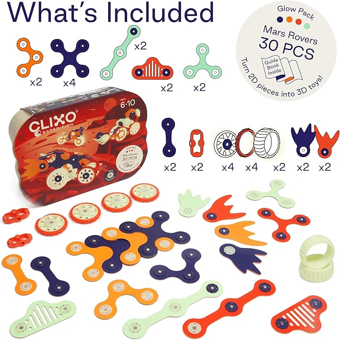 Clixo Mars Rover Pack - Glow-in-The-Dark Wheels Magnetic Building Toy - 30 Flexible Magnet Pieces for Galactic Exploration & Adventure. Award-nominated STEM Toy. Kids Gift & Travel. Ages 6+ [New]