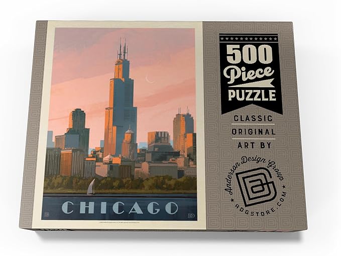 MyPuzzle Chicago Skyline: Lake Michigan, Vintage Poster - Premium 500 Piece Jigsaw Puzzle for Adults