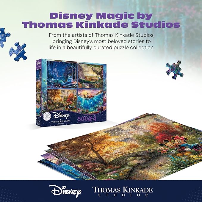 Ceaco - 4 in 1 Multipack - Thomas Kinkade - Disney Dreams Collection - Cinderella, The Lion King, Mickey and Minnie, & The Little Mermaid - (4) 500 Piece Jigsaw Puzzles , Blue