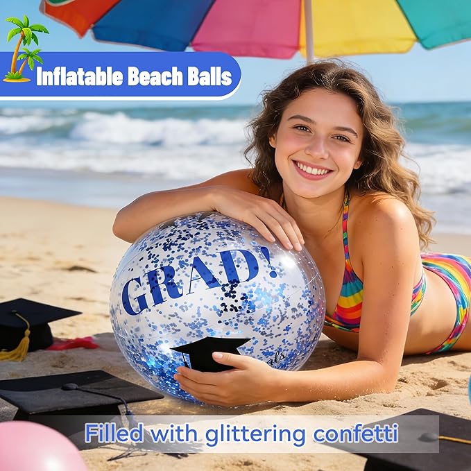 Forwe Graduation Inflatable Beach Balls, 16 Inc Confetti Glitter Beach Pool Ball Blow up Balloon Toys for Class of 2026 Swimming Pool Graduation Party Decorations