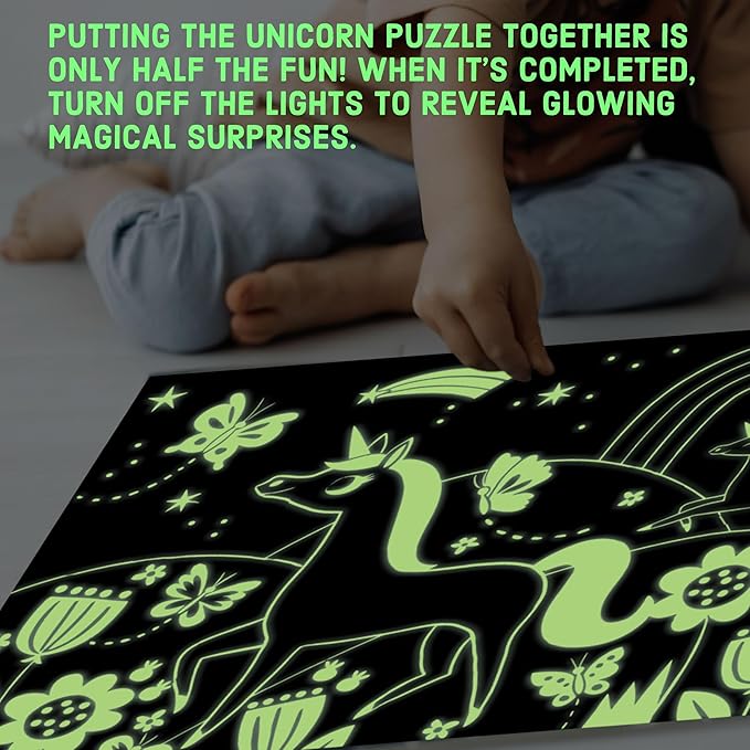Mudpuppy Unicorns – 100 Piece Glow In The Dark Jigsaw Puzzle with a Wondrous Scene of Magical Unicorns and Hidden Hillside Details in the Dark