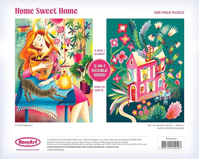RoseArt - Home Sweet Home 500 Piece Double-Sided Jigsaw Puzzle – Matte & Glossy Sides – Joy of Home and Nature Puzzle for Adults - 2-in-1 Puzzle with Bonus Poster