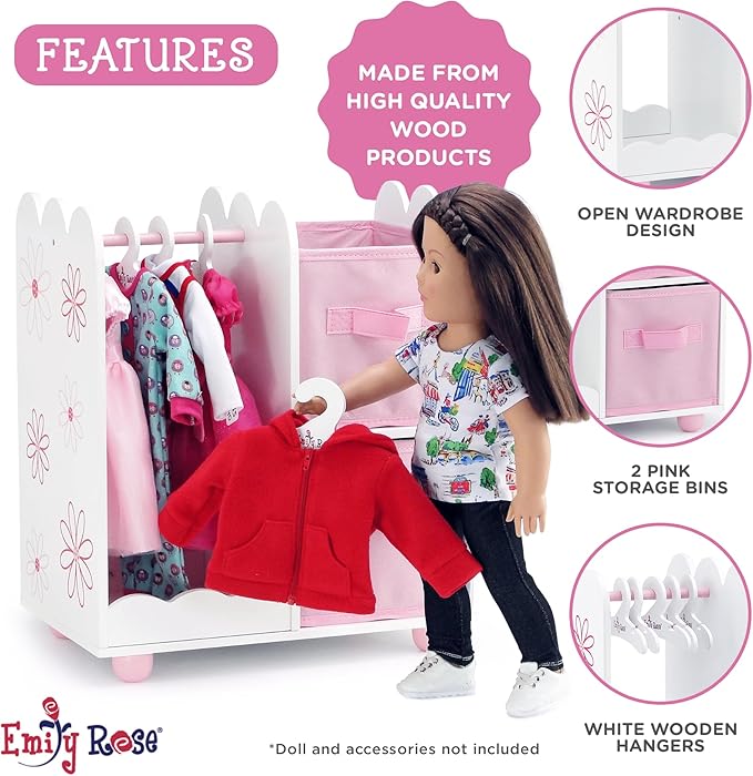 Emily Rose 18 Inch Doll Wardrobe Closet Organizer - Open Storage Armoire with Clothes Hangers & Bins - Wooden Furniture for American Girl Dolls - Floral Design