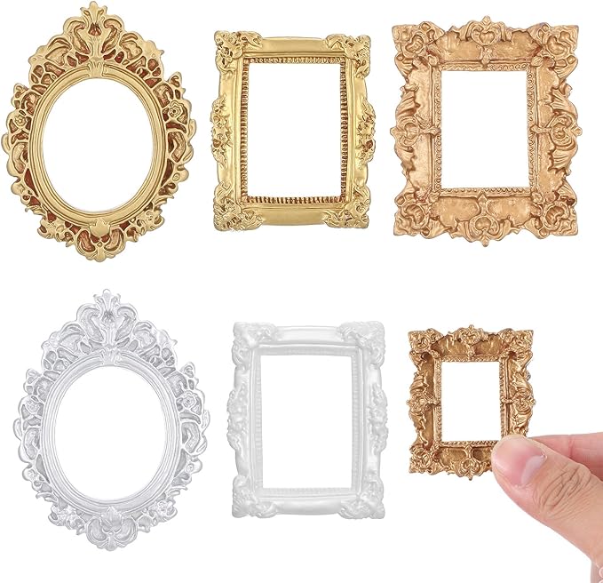 YUXIANLB 5 Pcs Miniature Dollhouse Mirror Set with Carved Golden Edges, European Style Victorian Baroque Wall Decor for 1/12 Scale Dollhouse Display, Mini Furniture Accessory Gold, White, Silver