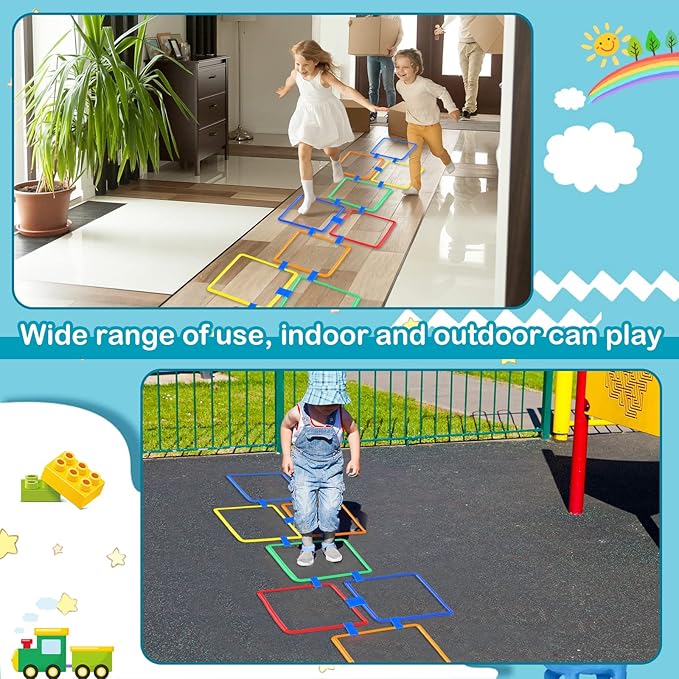 Woanger Hopscotch Outdoor Squares Hopscotch Ring Game with Connectors Outdoor Indoor Obstacle Course for Kids Playground Agility Training