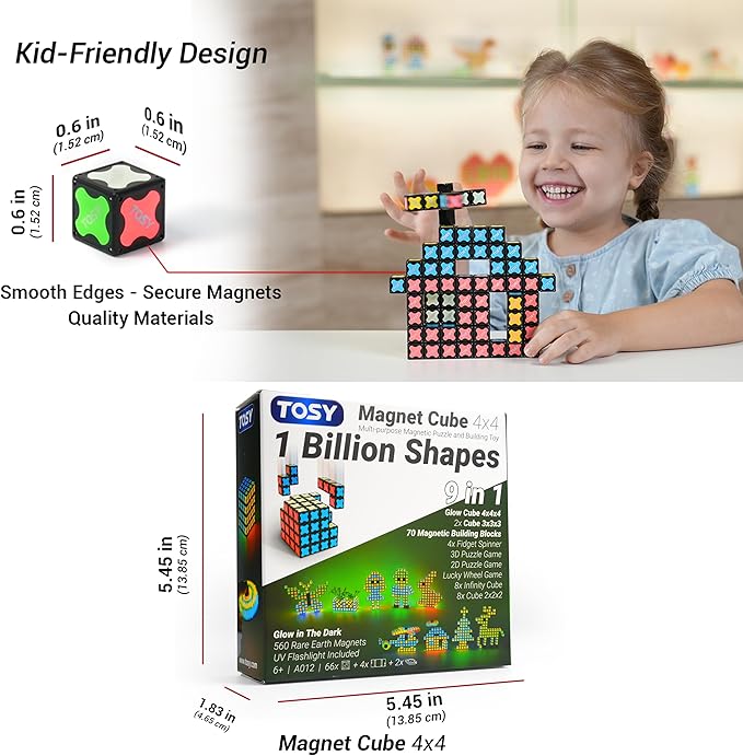 TOSY Magnet Cube 4x4 - 70 Blocks, 560 Magnets, Easter Basket Stuffers for Kids, Multipurpose: Creative Building Blocks, Transformable Fidget Spinner, Puzzle/Infinity Cube, Glowing STEM Toy