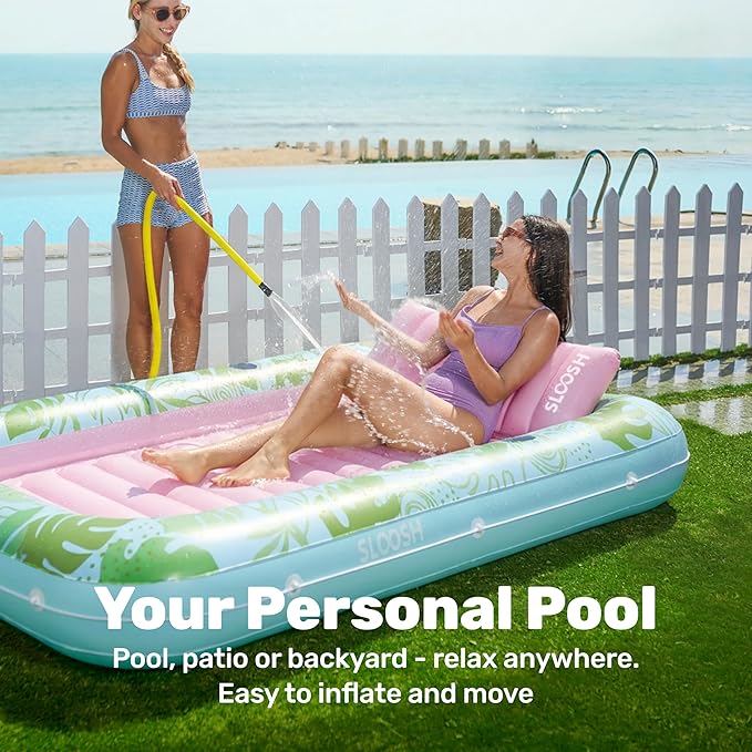 SLOOSH Inflatable Tanning Pool Lounger Float, 85" x 57" Extra Large Pool Floats Adult with Pillow, 4 in 1 Suntan Tub Raft Floatie,Sunbathing Bed Lounge for Water Blow Up Ball Pit, XL-Cyan Pink