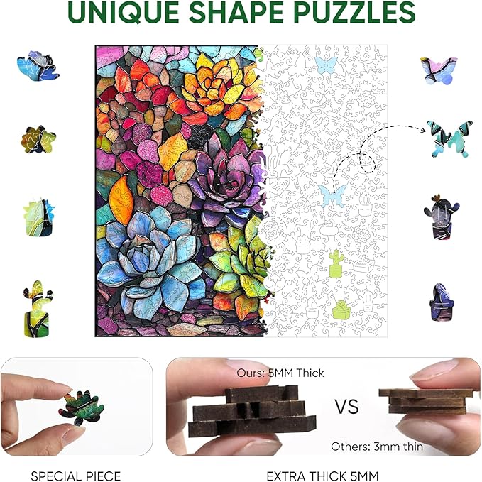 Delobi Stained Glass Puzzle Succulent Wooden Puzzles for Adults 200 Pieces, Unique Challenging Jigsaw Puzzles Gift for Friends Family Game Medium Size 11.2'' x11.2''