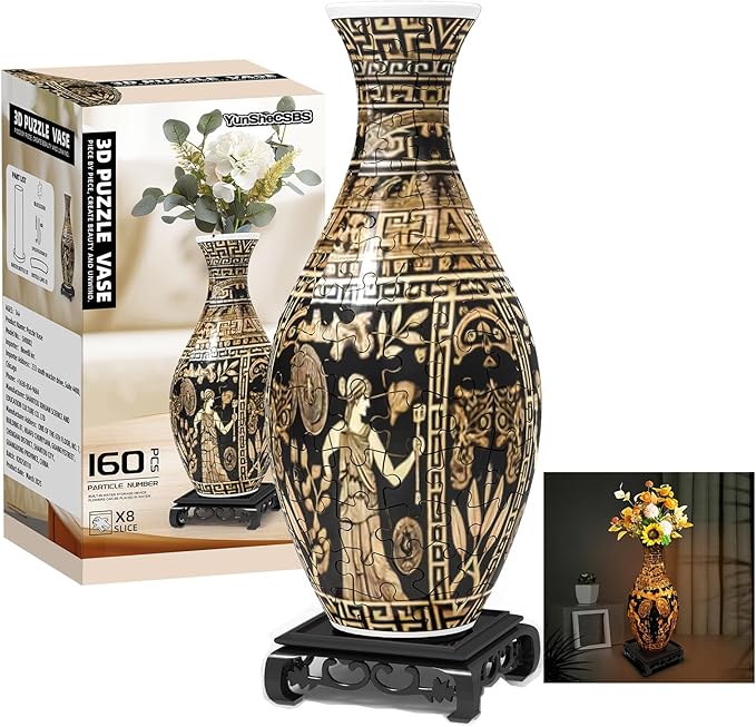 3D Puzzles Vase for Adults, 160 Pieces Plastic DIY Unique Flower Vase with LED Light, Crafts for Adults, Birthday Gifts House Warming Gift for Flower Arrangements and Home Decor (Brown)