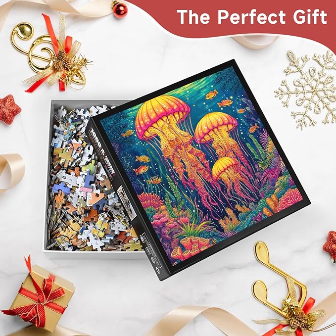Glowing Neon Jellyfish 1000 Piece Jigsaw Puzzle for Adults - Underwater Coral Reef Scene with Tropical Fish, Poster & Lettered Back, 22.8" Square HD Quality, Unique Gift for Ocean & Art Lovers