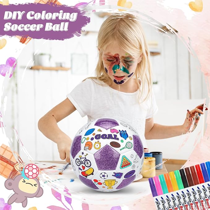 Size 4 Color Your Own Soccer Ball Purple DIY Custom Craft Kit with Pump 12 Markers Personalized Youth Toddler Training Paint Your Own Toy Creative Gift for Kids (Purple Soccer Ball, 4)