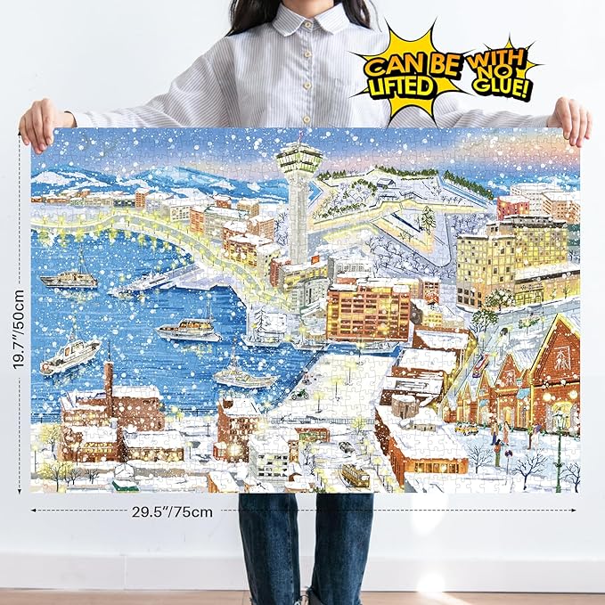 MOMIBOOK 1000 Piece Puzzle for Adults Jigsaw Puzzles of Winter in Hakodate, Twinkle Laminate Winter Town Painting Image Challenging Hard Impossible Puzzle Unique Party Christmas Birthday Gifts