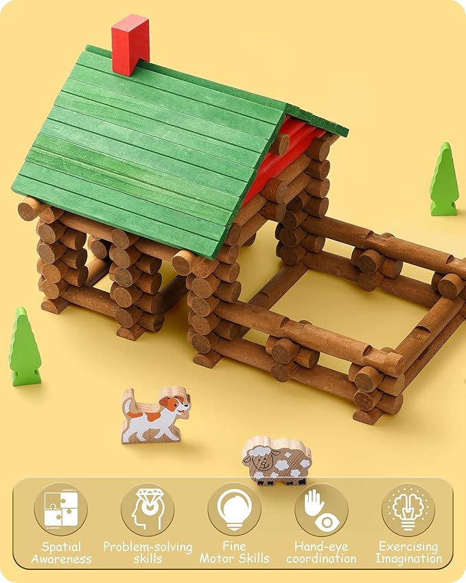 SainSmart Jr. 110 PCS Wooden Log Cabin Set Building House Toy for Toddlers, Classic STEM Construction Kit with Colorful Wood Logs Blocks for 3+ Years Old