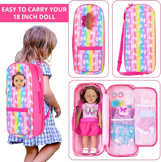UNICORN ELEMENT 9 Items 18 inch Dolls Bag Set and Accessories Doll Carrier Including 18 Inch Doll Clothes, Camera, Sunglasses, Backpack and Sticker