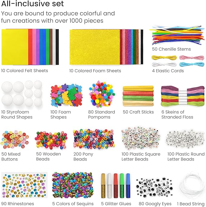 Arteza Ultimate Craft Kit, over 1,000 Pieces and Craft Supplies, Felt, Pom Poms, Googly Eyes, Glitter Glue, Pipe Cleaners for Crafts and DIY Projects