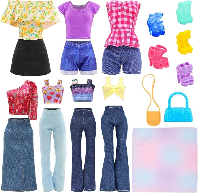 BARWA 17 Pcs Doll Clothes and Accessories for 11.5 Inch Girl Dolls Including 7 Sets Fashion Floral Skirts and Denim Skirts, Casual Tops and Pants with 2 Bags, 5 Shoes, 1 Plaid Picnic Mat