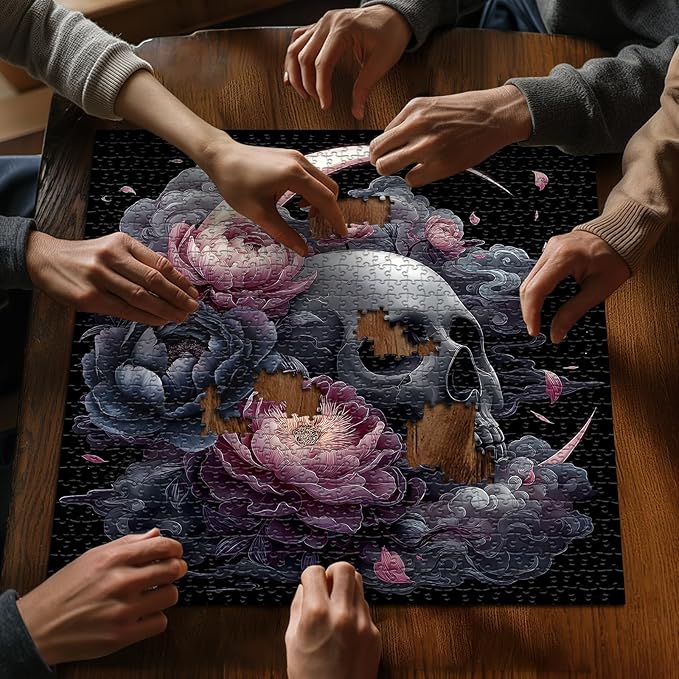 Skull Puzzle for Adults 1000 Pieces, Vintage Flower Puzzle Horror Skeleton, Black Art Floral Moon Challenge Jigsaw Puzzle