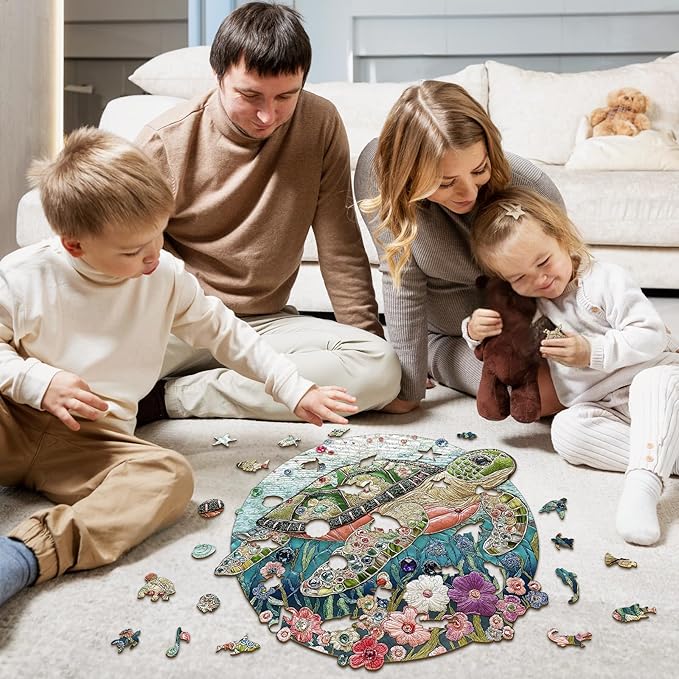 Wooden Puzzles for Adults - Embroidered Turtle Wooden Jigsaw Puzzle, Unique Animal Shaped Wood Puzzles Adult, Christmas Birthday Gifts for Friends/Family, Home Decor 13.4"x13.3"-270pcs