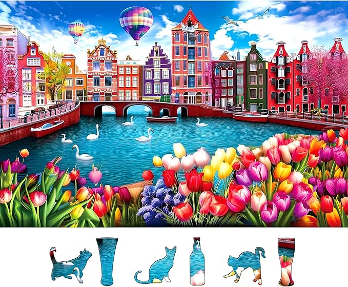 500 Pieces Puzzles for Adults, Amsterdam Netherlands - City of Canals, Challenging Jigsaw Puzzles for Adults Tulip Flower, Gift for Jigsaw Puzzle Lovers, 23 x 15 inch