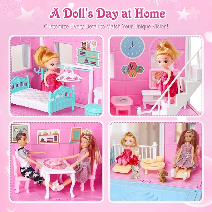 Toylink Pink Doll House for Girls, 3-Story Villa Playset with Light, 3 Dolls, Pool & Slide, Dollhouse Furniture and Accessories, Pretend Play Toddler Toys Birthday Gifts for Kids 3 4 5 6 7 8