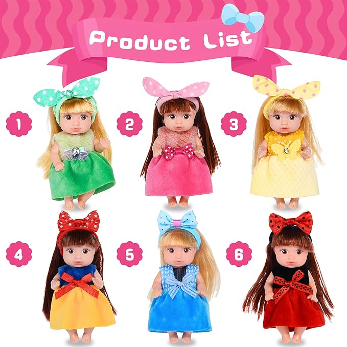 dollbie 6 Pack 4 Inch Mini Fashion Doll Collection - 6 Unique Stylable Hair Dolls with Rotatable Limbs & Cute Outfits | Collectible Toy Gift for Kids