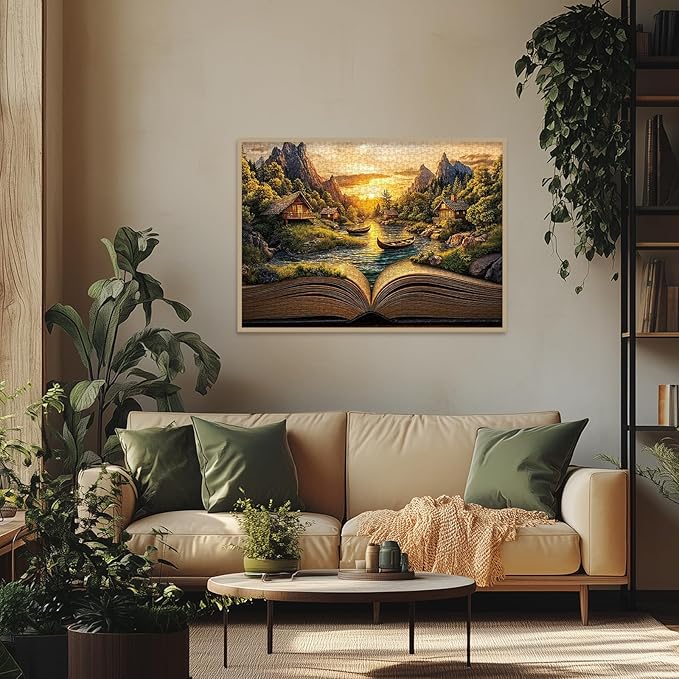 Fantasy Book Sunset Puzzle 1000 Pieces for Adults, Magic Forest Mountain Landscape Jigsaw Puzzles, Cabin Vintage Nature Scenery Puzzles