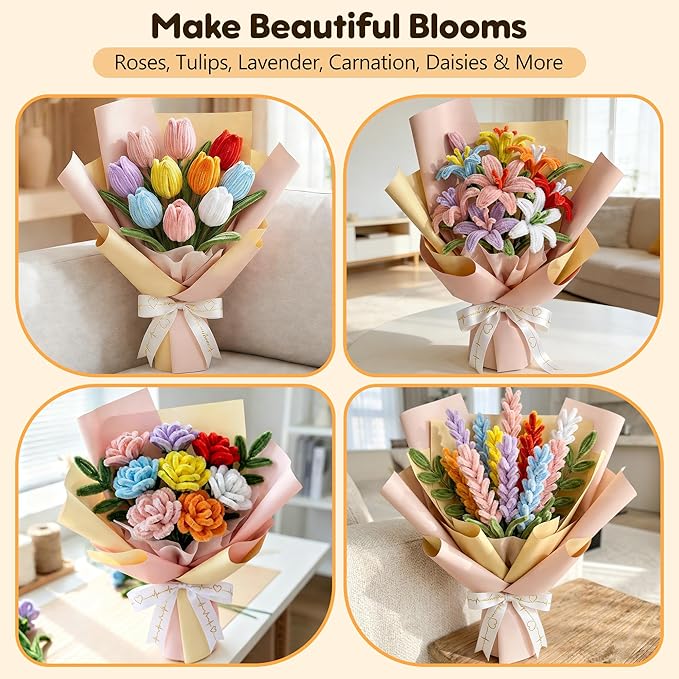 EARLY MINDS 800Pcs Pipe Cleaner Flower Bouquet Kit, 12 Colors Chenille Stems Craft Making Set with Floral Tape, Flower Stems, Gift Wrap & More, DIY Bouquet Handmade Gifts for Mother