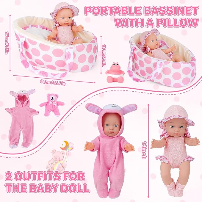 deAO 13'' Baby Doll Playset with Bassinet Carrier Bed Baby Doll Accessories Including Pillow Clothes Pacifier Pretend Play Set Gifts for Girls Ages 3+