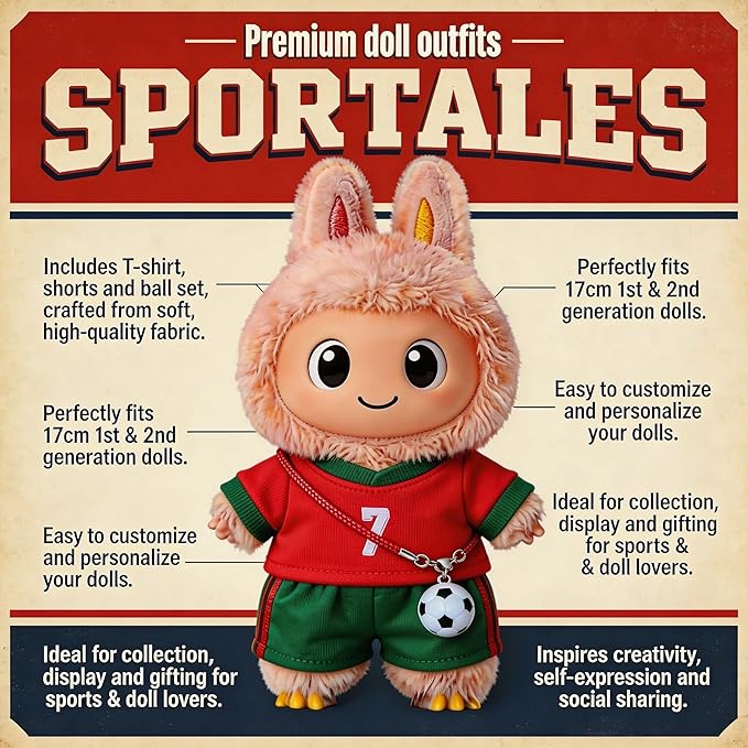 Sports-Themed Football 3-Piece Set,is Suitable for a 17cm Dolls, Dolls Clothing Accessories （ NO.7 Red&Green 【 Key Point 】： Only Clothes, no Dolls.