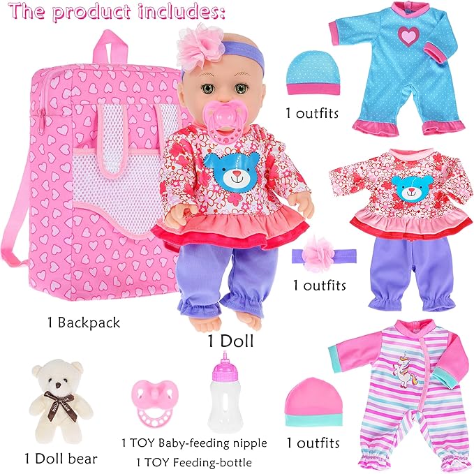 ebuddy 12 inch Baby Doll and Accessories-Reborn Baby Dolls Real Life Baby Dolls with 3 Sets Clothes,Backpack,Pacifier, Bottle