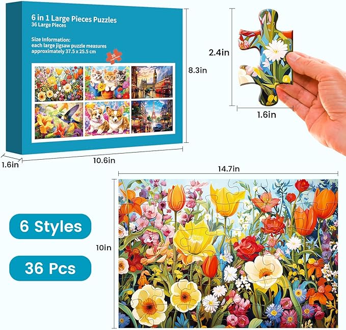 6 Packs 36 Pieces Large Puzzles for Seniors,Dementia Puzzles for Elderly Adults,Jigsaw Puzzles for Adults Seniors with Alzheimer's Dementia with 6 Storage Bags
