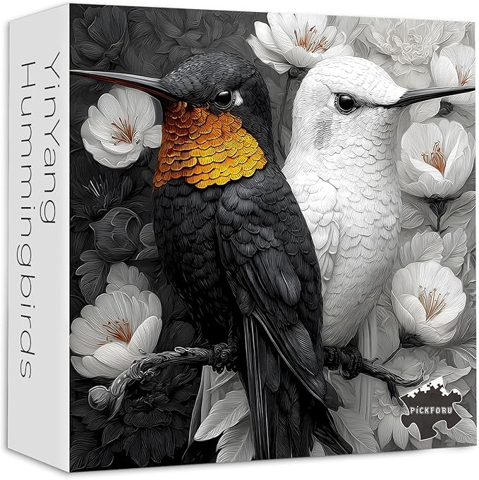 PICKFORU Yinyang Hummingbirds Jigsaw Puzzles 1000 Pieces for Adults, Black White Hummingbird Adult Puzzles, Nature Balance Animal Flowers Puzzle