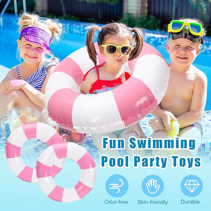 Whaline 4Pcs Inflatable Swimming Float Toy Striped Swim Ring Fun Print Pool Lounger Tube for Summer Swimming Beach Party