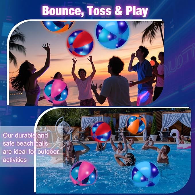 4 Pcs Light up Beach Balls 16'' Jumbo Pool LED Balls Glow in the Dark Neon Giant Inflatable for Summer Hawaiian Tropical Theme Beach Party Decor Water Accessory (Colorful)