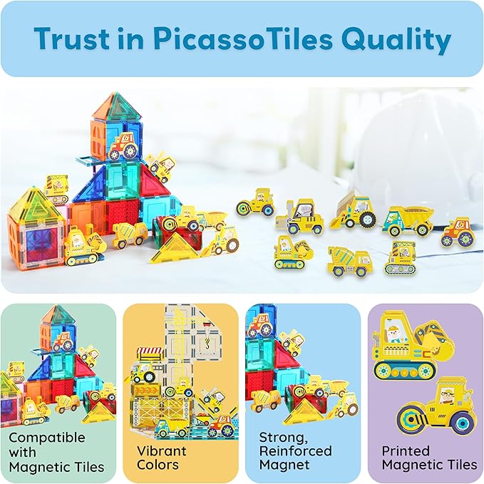 PicassoTiles Magnetic Tile Building Blocks Add On 8 Magnetized Action Figures Construction Vehicles & Zoo Animal Theme Compatible with Magnet Tiles Sets STEM Learning Toy for Boys & Girls Age 3+ PTA21