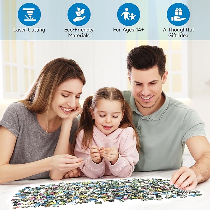 1000 Piece Jigsaw Puzzle for Adults, Mountain Cabin Landscape with Stream & Flowers, Back with Letters, Ideal for Home Decor & Puzzle Lover Gifts