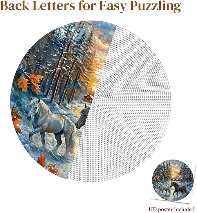 1000 Piece Puzzle for Adult, Winter of The Horse Jigsaw Puzzle 1000 Pieces, Impossible Challenging Fun Puzzle for Adult, Round 26.6 x 26.6 Inch Unique Difficulty Puzzle for Birthday Gift